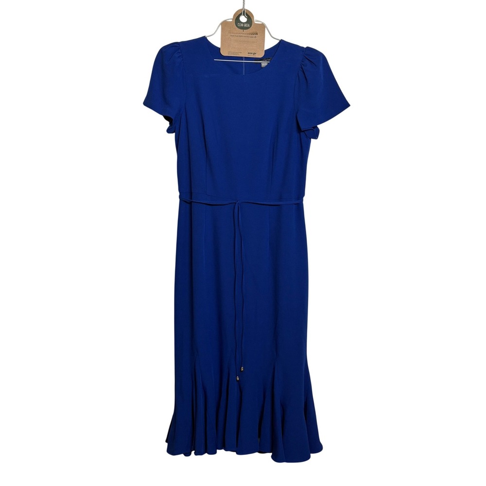 Tommy Hilfiger Bi-Stretch Crepe Trumpet Midi Dress Blue 6 Short Sleeve Belted